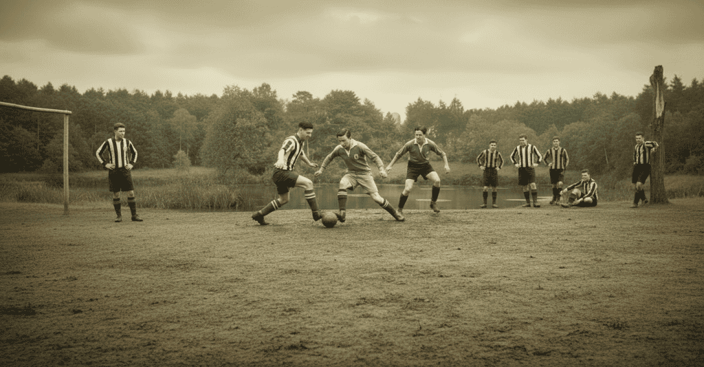 Al no existir estadios de futbol como tales, los juegos se llevaban a cabo en llanuras como las del Hipódromo del Norte, en el campo de Marte o en los llanos de Villa Linda, hoy zona 7. (Reconstrucción mediante Inteligencia Artificial) – SoyMigrante.com REVISTA
