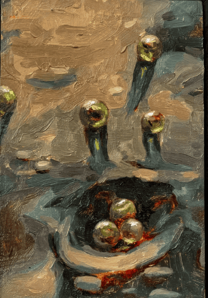 Las canicas de la infancia parecen planetas lejanos. PIntura de Johnny Pineda.