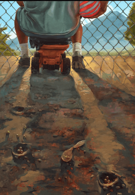 El niño que se quedó en Santa Rosa y a quien sus padres le mandaban camiones desde Estados Unidos. Por fin a un día le tocó irse a él también. (Pintura Johnny Castillo)