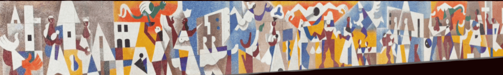 En este mural del IGSS, en el Centro Cívico Guatemala se presenta la Seguridad Social, a través de diversas figuras que representan al ciudadano, a los pacientes, al personal médico y también a las autoridades responsables. (Mural de Carlos Mérida) – SoyMigrante.com REVISTA