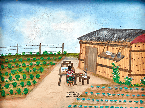 La propia artista Rosa Elena Curruchich mostró su día a día. Pintaba en el patio de su casa, junto a las siembras. Esta escena es de un gran valor expresivo. – SoyMigrante.com REVISTA