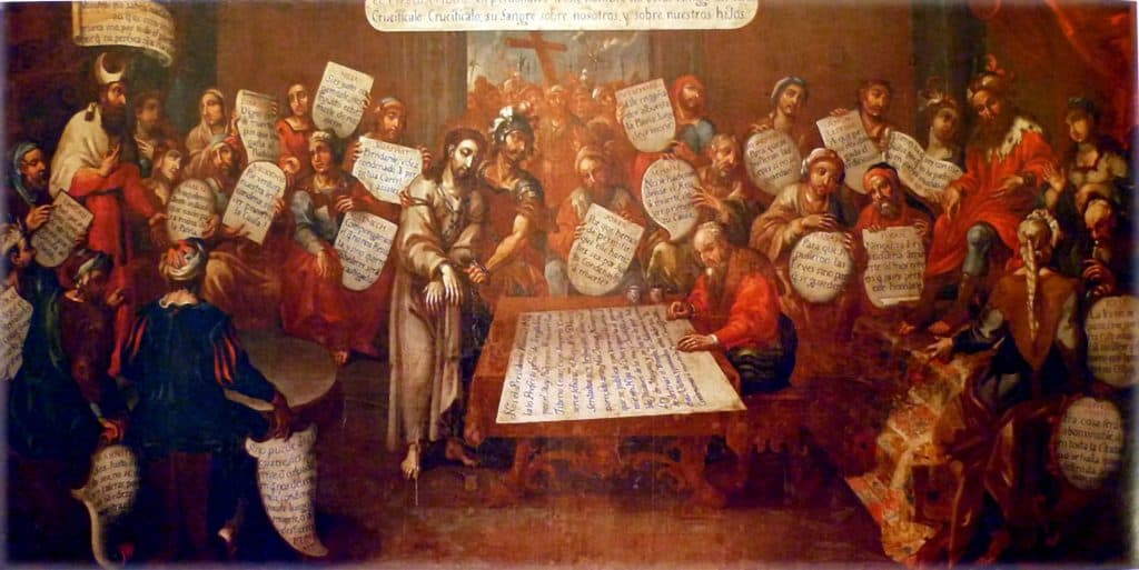 Juicio a Jesús por el sanedrín. Esta pintura de Tomás de Merlo se encuentra en el Museo de Arte Colonial, en la Antigua Guatemala.