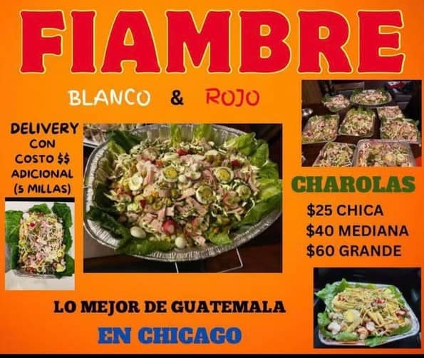 Porciones y bandejas de fiambre preparadas por Jacke de León en Chicago en 2024. Lo prepara rojo o blanco, con entrega a domicilio.