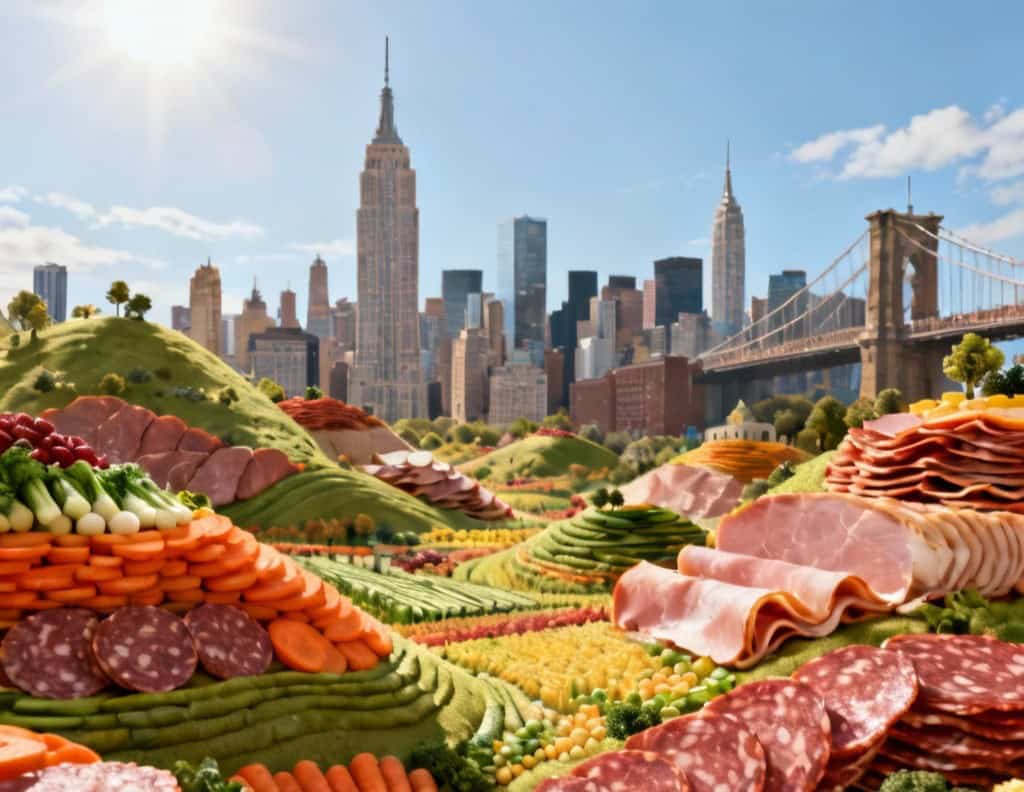 Ilustración generada por IA al pedirle en el prompt una representación de cómo el sabor del fiambre guatemalteco inunda la ciudad de Nueva York con tradición, fusión de culturas y sabores a través de su preparación en el restaurante Ix. – SoyMigrante.com REVISTA