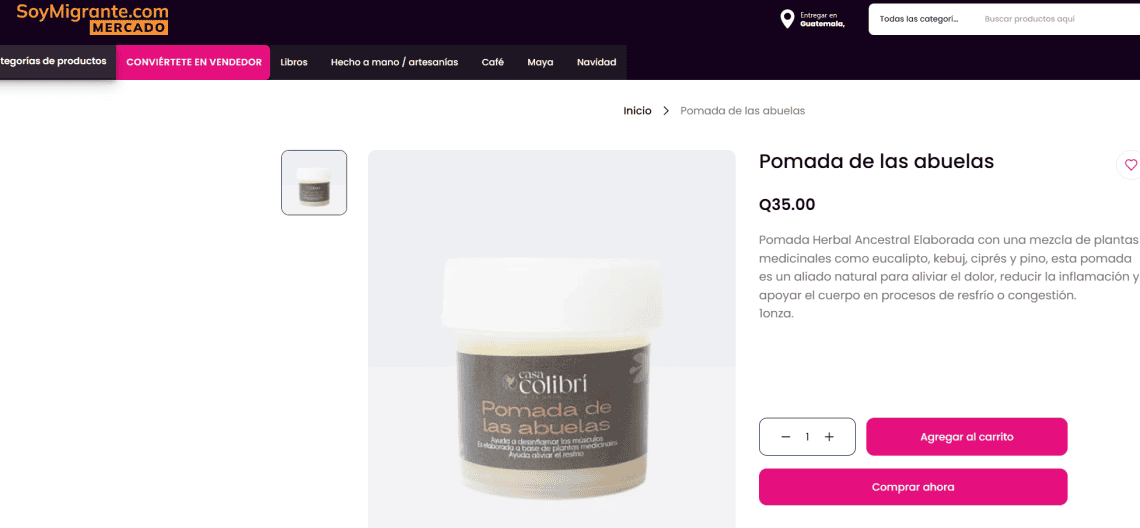 La Pomada de las Abuelas, de Casa Colibrí Quetzaltenango alivia dolores, inflamaciones y molestias por reumatismo. Está disponible en SoyMigrante.com MERCADO. Clic para ir a la tienda digital.