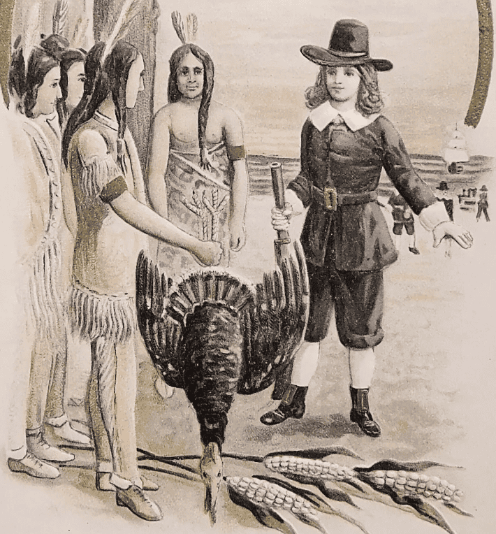 Grabado tradicional que representa la ayuda que brindaron indígenas americanos a los migrantes europeos recién llegados en el siglo XVI durante un crudo invierno. Les dieron vegetales y también pavos para alimentarse según la tradición. – SoyMigrante.com REVISTA