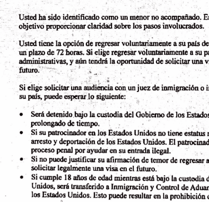 Vista de un documento que es entregado a menores migrantes para persuadirlos a firmarlos y así aceptar su deportación inmediata. Según ProPublica, de los 600 detenidos en 2025, unos 100 ya han sido deportados. A todo migrante detenido se le recomienda NO firmar nada sin tener a un abogado presente.