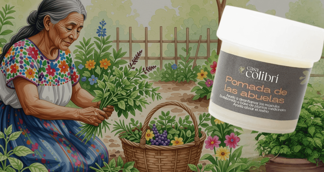 Imagen ilustrativa acerca de los ingredientes naturales que se reúnen en la Pomada de las Abuelas de Casa Colibrí Quetzaltenango.