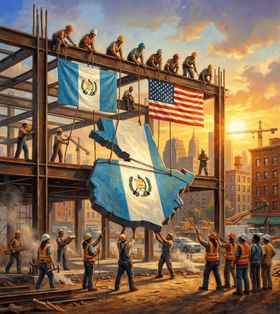 Ilustración metafórica acerca del aporte de los migrantes guatemaltecos al país, a través de las remesas, pero también a Estados Unidos mediante su trabajo dedicado y deseo de superación. (Envato Labs) – SoyMigrante.com REVISTA