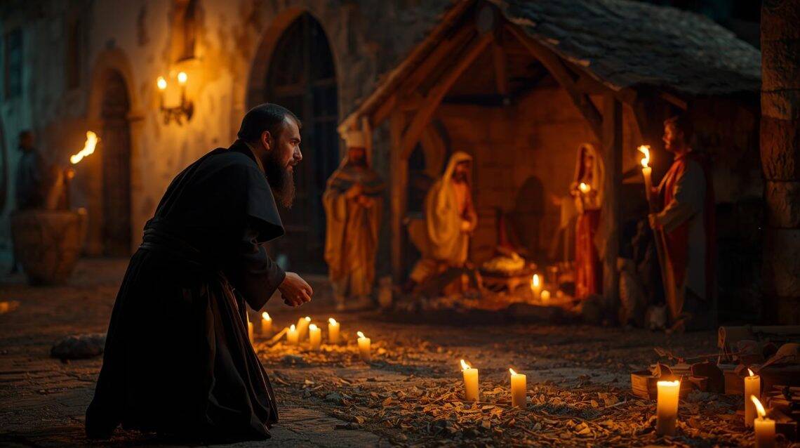 El misterio de la Navidad, de Dios hecho hombre en la pobreza de un establo despertaba una inmensa ternura en el Santo Hermano Pedro de Betancur, quien organizaba posadas con José y María por las calles de Antigua Guatemala y elaboraba un nacimiento para contemplar tan grande misterio. (Imagen generada con IA en base a crónica colonial)