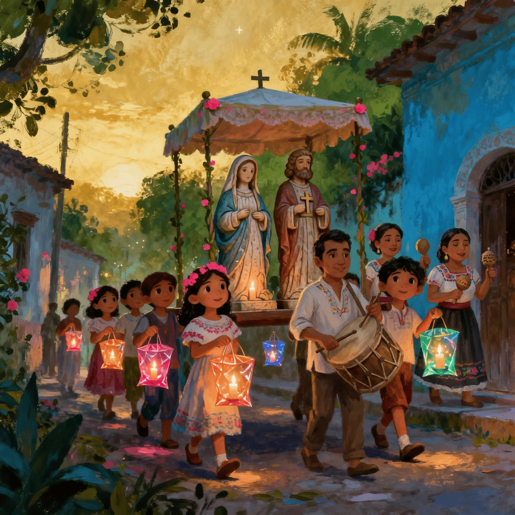 Interpretación IA de la posada guatemalteca, con su característica hermandad, instrumentos, luces y andarilla con María y José, los peregrinos en busca de refugio. – SoyMigrante.com REVISTA