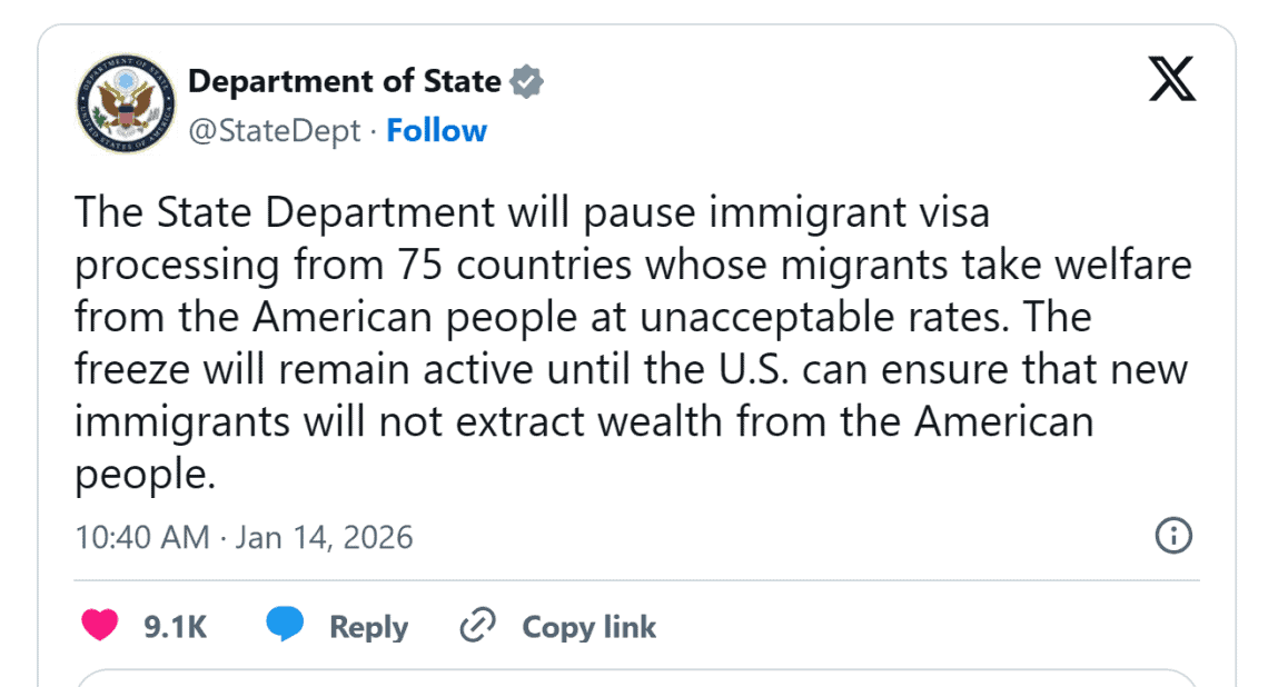 El Departamento de Estado pausará todas las visas de inmigrantes provenientes de 75 países, cuyos migrantes han abusado de los recursos del pueblo estadounidesnes en niveles inaceptables. La suspensión durará mientras los Estados Unidos aseguran que los migrantes permanentes no estraerán siqueza del pueblo estadounidense. Dice el tuir del Departamento de Estado. – SoyMigrante.com REVISTA