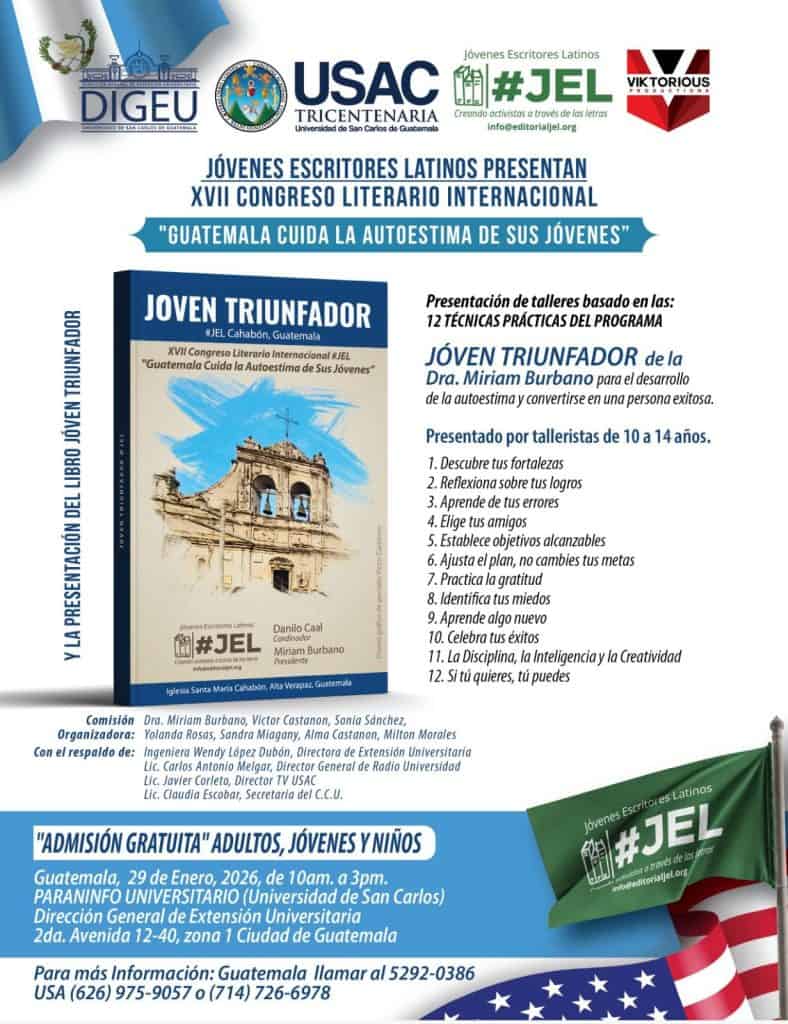 El libro Joven Triunfador, de la educadora ecuatoriana migrante Miriam Burbano es la base sobre la cual se han trabajado talleres de lectura, creación y autoestima en varios países. En Guatemala se efectuó en Santa María Cahabón, Alta Verapaz y los estudiantes presentarán sus creaciones. Afiche del Congreso Literario de Jovenes Latinos.