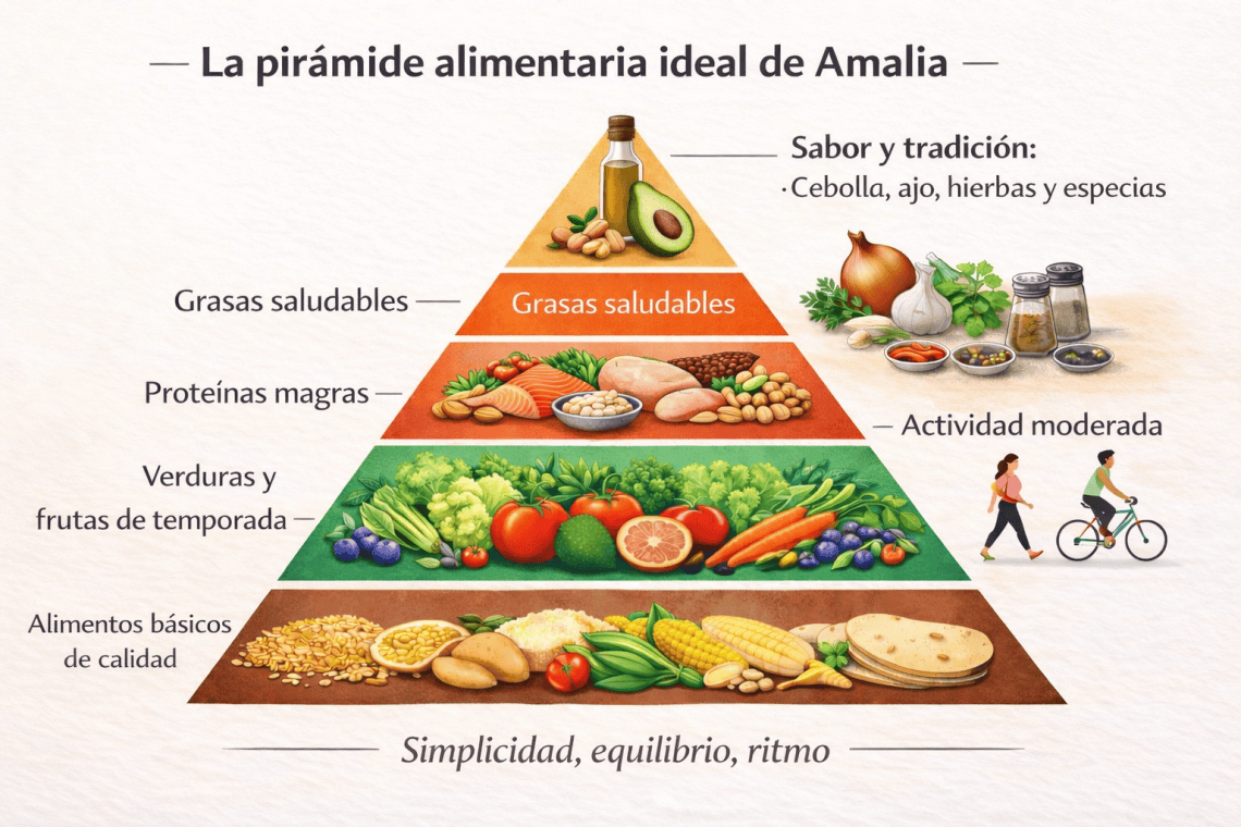 La chef guatemalteca Amalia Moreno-Damgaard compartió en sus redes sociales su pirámide nutricional en un gráfico con textos en inglés. Aquí la presentamos, similar, pero ya traducida al español.
