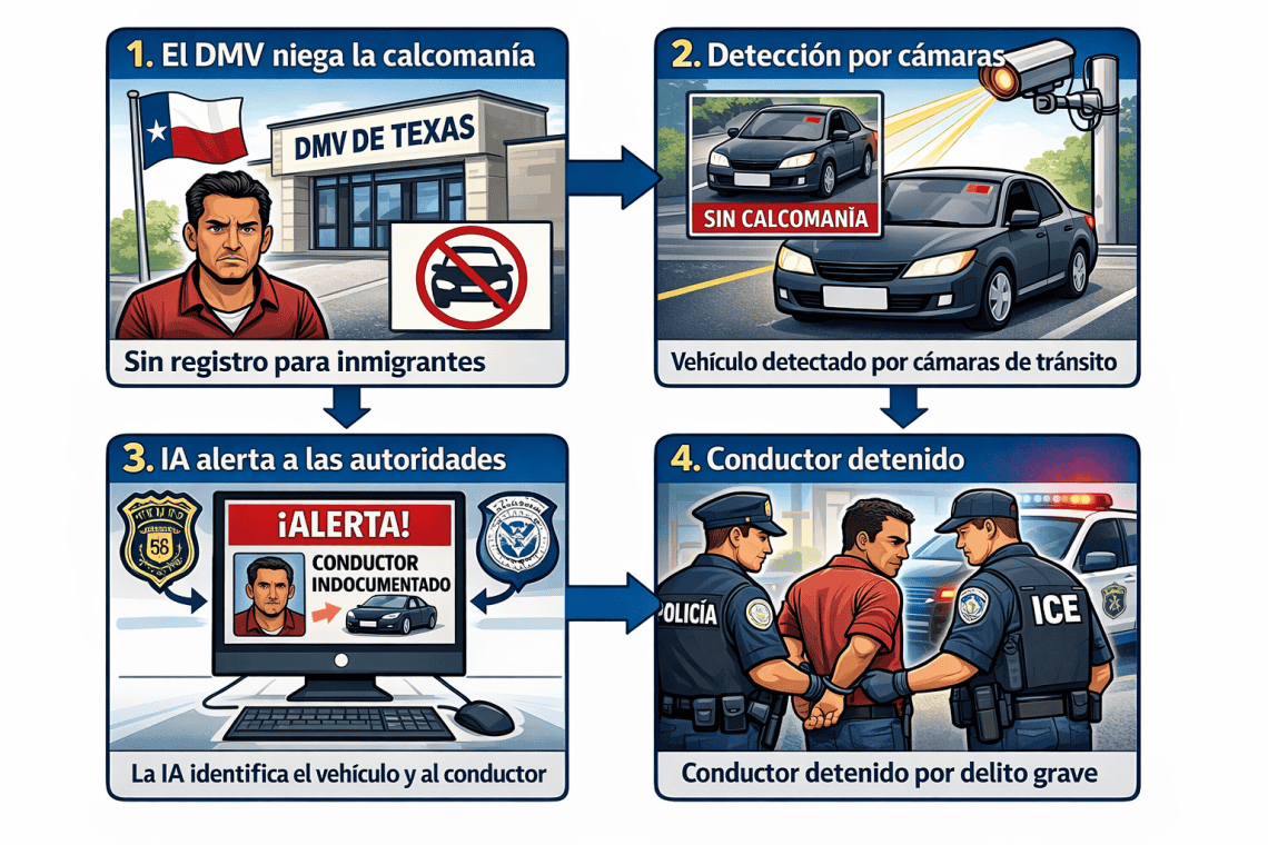 Representación gráfica de los efectos del cambio implementado en noviembre en ciertos condados de Texas, que impiden a migrantes indocumentados poder registrar vehículos a su nombre (a causa de una interpretación legal que no ha sido aprobada por el Congreso estatal). Al circular sin la calcomanía actualizada se exponen a una "causa probable" de detención, lo cual se podría utilizar para deportaciones aunque no tengan ningún récord criminal. – SoyMigrante.com REVISTA