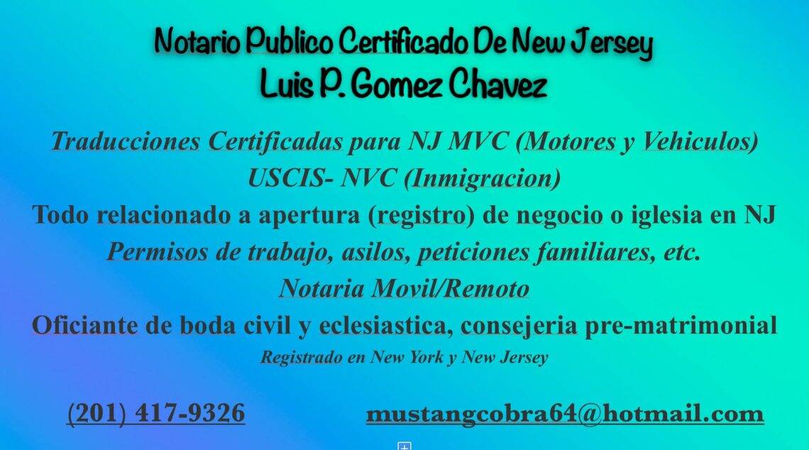 En 2019, el guatemalteco Luis Gómez recibió el título de Notario público en el estado de New Jersey. Puede certificar traducciones, autenticar documentos y también celebrar bodas civiles. Se motivó a estudiar cuando era pastor, porque llegaban muchas personas pidiendo ayuda en ciertos trámites y él decidió aprender para poder prestarlos a precios módicos, y en algunas ocasiones, sin costo. – SoyMigrante.com REVISTA