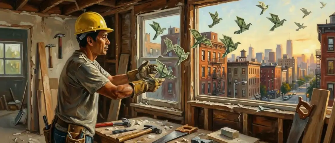 Ilustración hecha con IA para representar el esfuerzo cotidiano de migrantes guatemaltecos para poder enviar recursos a sus familiares en Guatemala. Las políticas antimigrantes han detonado un mayor envío, en prevención de detenciones o deportaciones. – SoyMigrante.com REVISTA