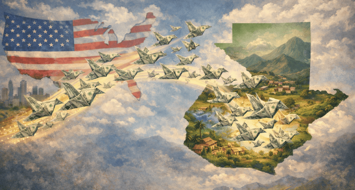 Ilustración IA para reflejar el mensaje de compromiso, afecto y responsabilidad de miles de migrantes guatemaltecos para con sus familiares en el país, a quienes proveen de fondos decisivos para reforzar la alimentación, educación, vivienda o emprendimiento. (Imagen Chat GPT) – SoyMigrante.com REVISTA