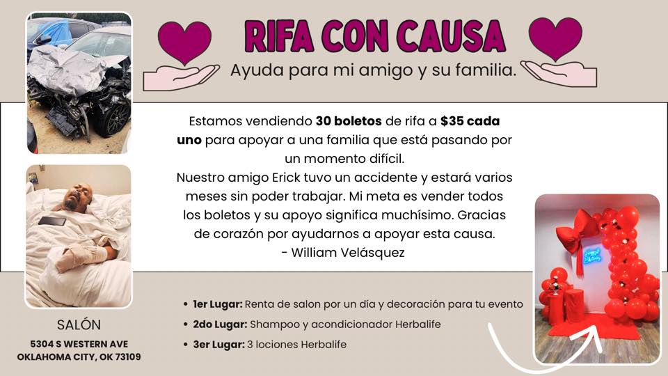 Esta es la convocatoria del emprendedor William Velásquez, en Oklahoma, a favor de un donativo para el también migrante guatemalteco Erick Oliva. Para participar, clic enla imagen.