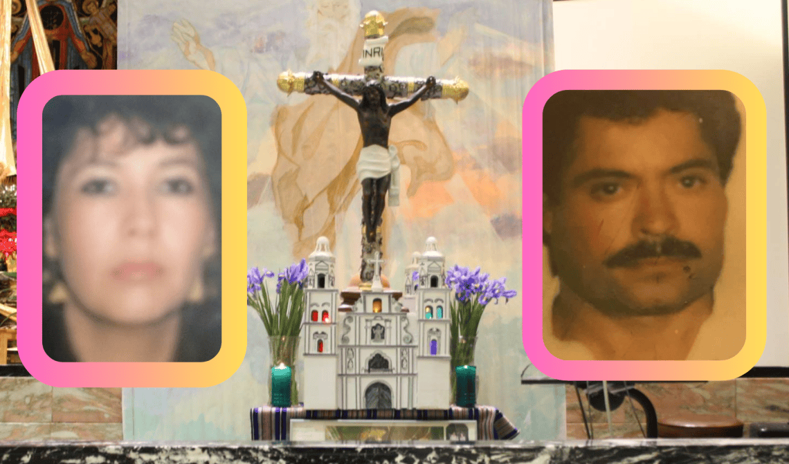 Casi desde su llegada a Chicago, los guatemaltecos Rita y Benjamín Albizures comenzaron a participar en la celebracíón del Día del Cristo de Esquipulas. Composición con fotografías de la década 1980 y el Cristo que Benjamín mandó a esculpir en 2010 y que desde 2017 está en la Parroquia Nuestra Señora de la Merced, Chicago, IL, año en que falleció Benjamín. (Fotos cortesía Rita Albizures)