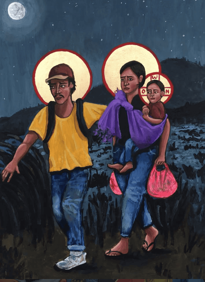 La sagrada familia migrante, pintada por Kelly Latimore. Para ir al sitio de este artista y ver más obras, clic en la imagen.