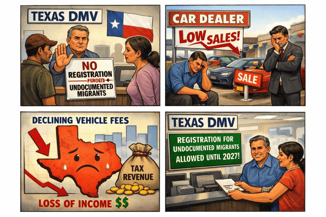 Representación gráfica de como el Departamento de Vehiculos de Texas pospuso la vigencia del requisito de residencia para poder registrar o renovar permisos de vehículos. Grupos diversos expresaron el impacto económico que tendrá para la economía en general y las finanzas estatales. La medida se aplaza hasta 2027.