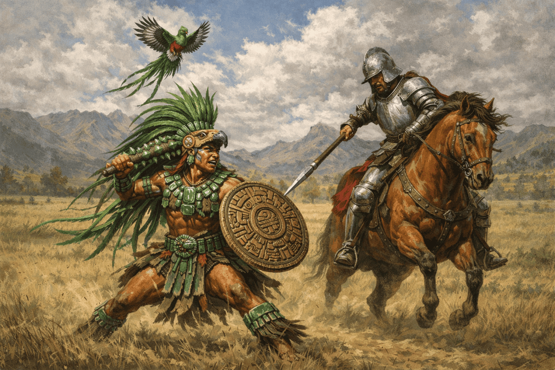 Ilustración elaborada con Inteligencia ARtificial, basada en la descripción de la batalla entre el guerrero k'iche Tecún Uman y el soldado español Pedro de Alvarado.