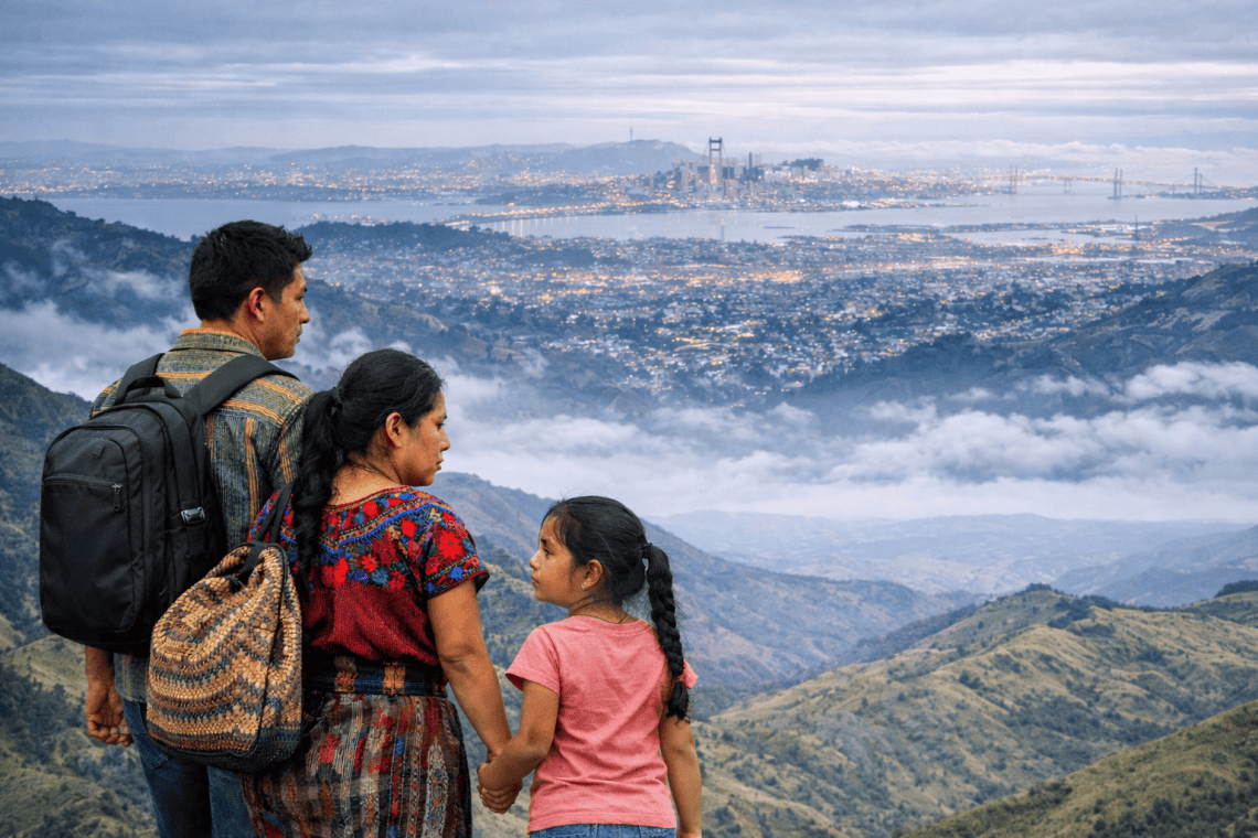 Armando, Fabiana y su hija Marta fueron deportados a Guatemala y desde Huehuetenango in tentan proseguir el trámite de solicitud de asilo por ser víctimas de violencia. Sin embargo, su vida tuvo una ruptura tras la deportacion, en febrero de 2025. (Ilustración generada por IA)