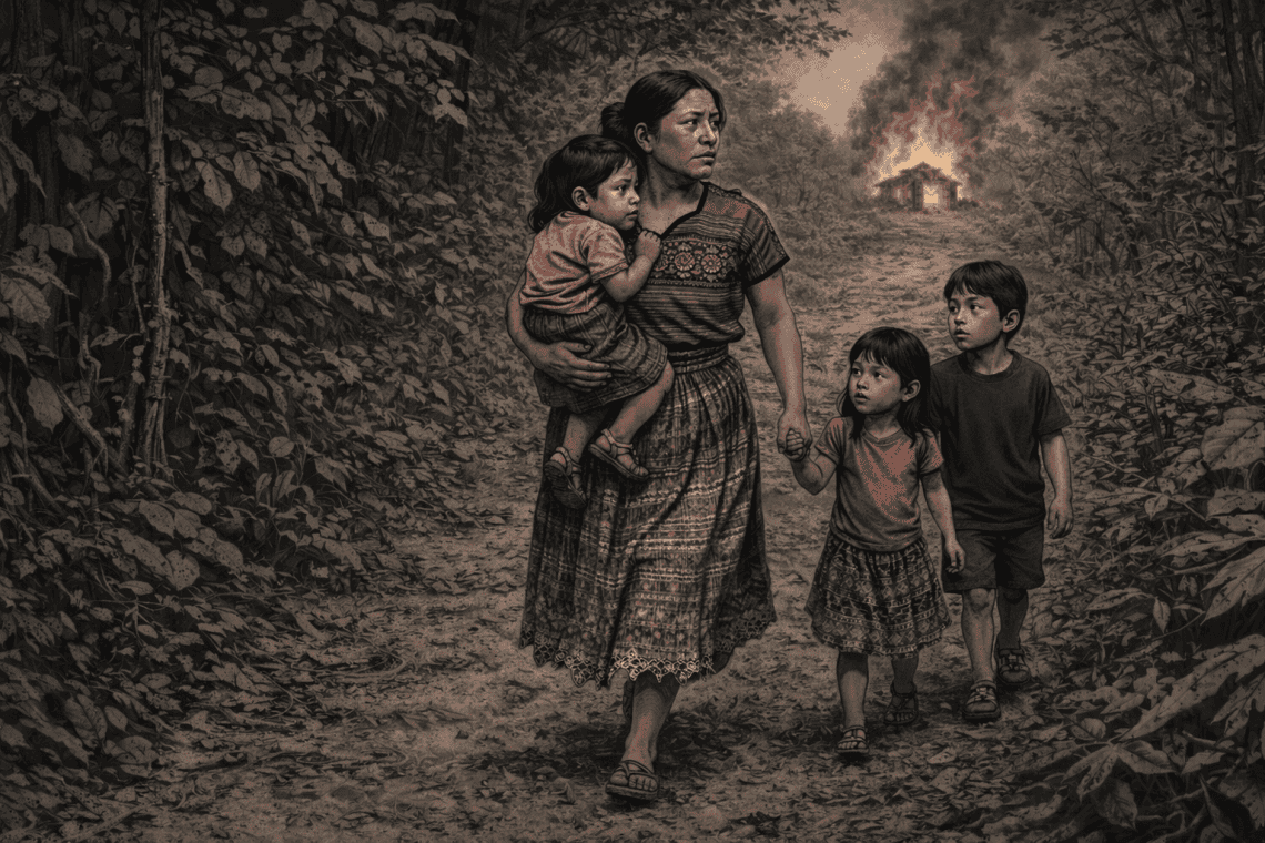 Recreación con inteligencia artificial del momento en que la madre de Gloria Gonzalez Jorge tuvo que abandonar la aldea Hacienda Vieja debido a la violencia que arrebató la vida de su esposo en la década 1980 y los forzó a huir hacia la Costa Sur.