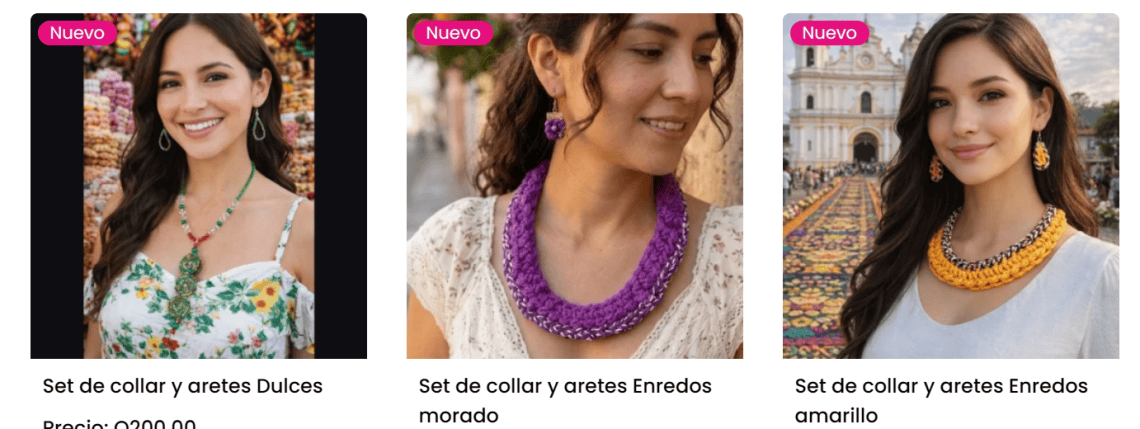 Algunas de las piezas de Victoria Joyería Textil de Cobán Alta Verapaz disponibles en su tienda digital de MERCADO 3 – SoyMigrante.com REVISTA Creativas, perseverantes y visionarias, Francis y Victoria se enfocan en la creación de joyería textil auténtica, con materiales originarios de la Verapaz, integrados a una visión de moda internacional: eso es Victoria Joyería Textil.