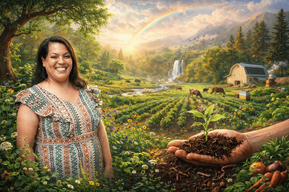 El gran sueño de Karen Rodríguez y el de quienes integran Kiss the ground es una agricultura sostenible que permita una nutrición saludable para todos los habitantes. "Mi reverencia por la vida es la razón por la que hago este trabajo, y la posibilidad de otro día en el que esas cosas puedan suceder —y muchas otras cosas hermosas, dolorosas o incluso aburridas—, así como la posibilidad de regeneración para nuestra humanidad y nuestros sistemas, es lo que me hace levantarme cada día". expresa. Ilustración IA a partir de un retrato de Karen Rodríguez.