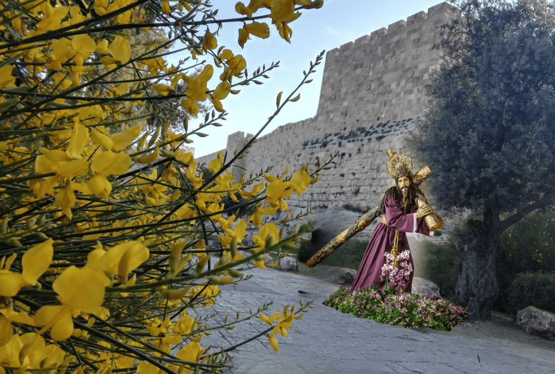 Jesús Nazareno de la Merced, Patrón Jurado de la capital de Guatemala, visualizado en una fotografía cerca de la Puerta de Jaffa, en Jerusalén. ¡Jesús Nazareno de La Merced, otorga el don de la Paz al mundo entero!