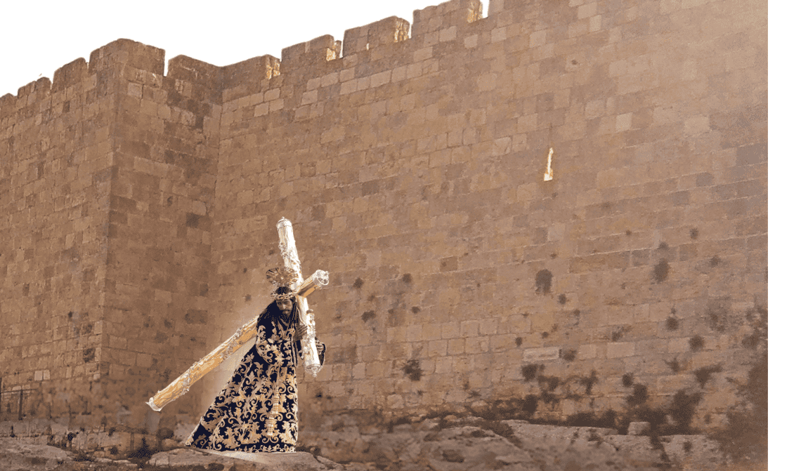 Jesús Nazareno de La Merced de Antigua Guatemala, antiguamente de San Jerónimo, junto a la muralla oriente de la antigua ciudad de Jerusalén. ¡Jesús Nazareno de San Jerónimo, escucha las plegarias de los fieles que anhelan la paz!