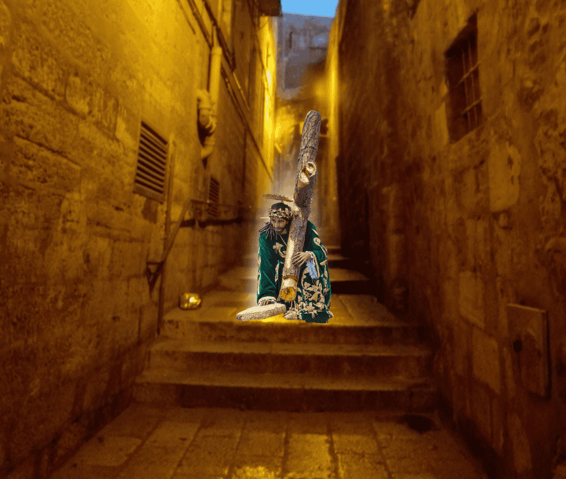 Jesús Nazareno de la Caída de San Bartolomé Becerra, Antigua Guatemala, en una calle del casco antiguo de Jerusalén que conduce a la Vía Dolorosa. ¡Jesús de la Caída, ayuda a los pueblos que han caído en guerras, para obtener de nuevo la Paz!