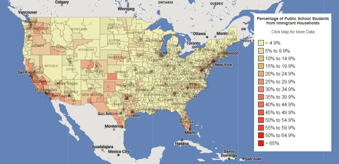 Mapa de la presencia de estudiantes de familias migrantes en Estados Unidos, elaborado por Center for Immigration Studies en 2021. Para ir al mapa interactivo puedes hacer clic en la imagen.