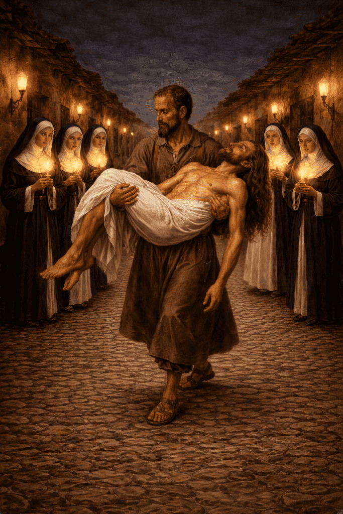 A pesar del silencio de la noche y del profundo secreto del gesto de traslado hecho por el Hermano Pedro, las monjas catalinas ya estaban esperandolo para recibirlo con su preciosa y sagrada carga.