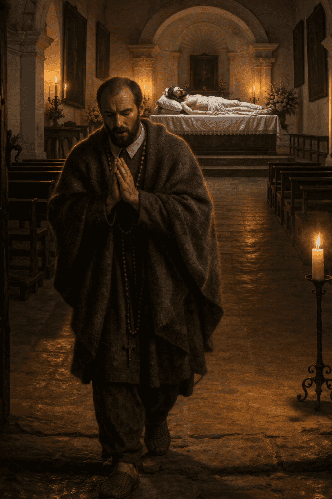 Después de cumplir con la voluntad del Santo Cristo, el Hermano Pedro se retiraba rezando y pidiendo fuerza para continuar ayudando a otros Cristos, los enfermos, los ancianos, los desahuciados, los huérfanos a quienes ayudaba en Santiago de los Caballeros (Ilustración IA hecha con base en el relato del Cristo de Santa Catalina)