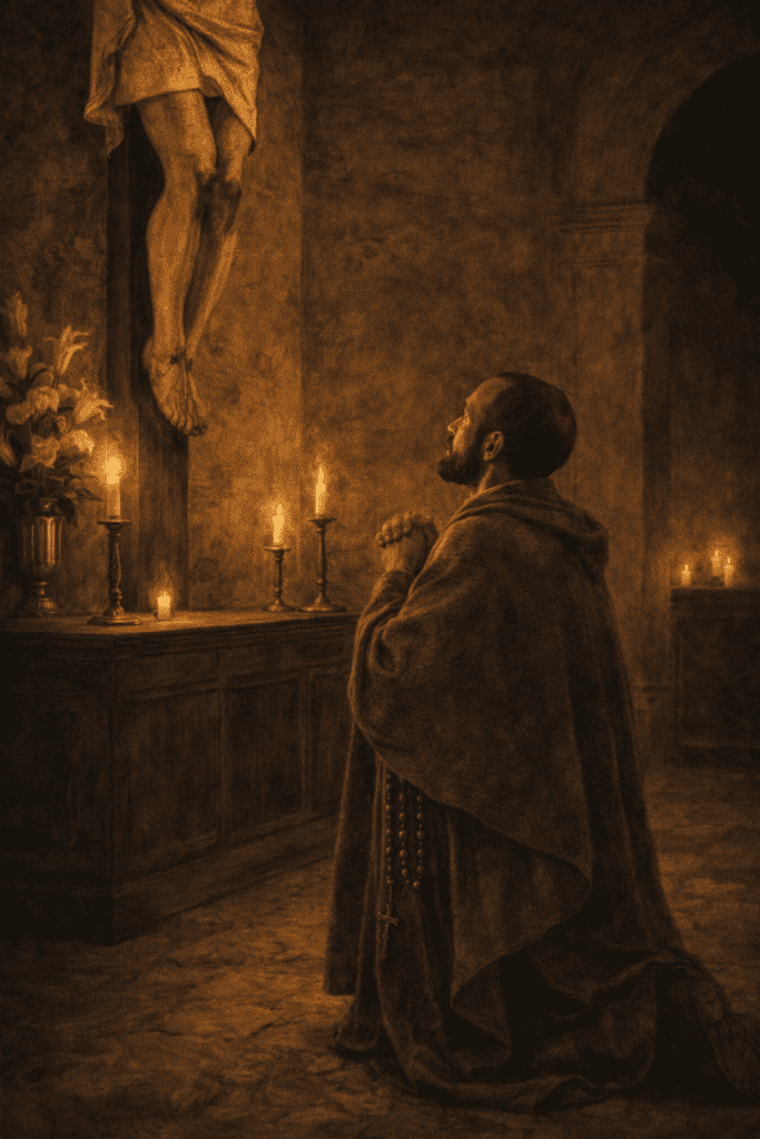 El Hermano Pedro de Betancur, nacido en Tenerife en 1626 y llegado a Santiago de los Caballeros en 1651, solía pasar las noches orando en la capilla de El Calvario, aquella misma que él ayudó a construir ante la imagen de un Crucificado. (Imagen generada con IA con base en la tradición colonial del Cristo de Santa Catalina)