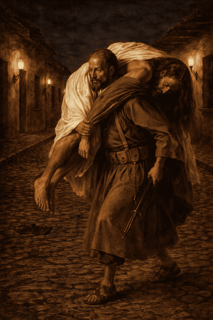 En la silenciosa oscuridad de Santiago de los Caballeros, el Santo Hermano Pedro cumplía con la voluntad del Señor, cargándolo hasta el lugar donde quería descansar como Sepultado. (Imagen IA generada con base en el relato del Cristo de Santa Catalina)