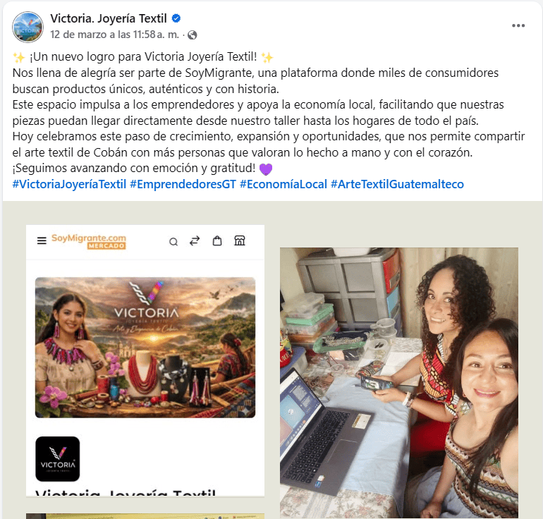 Las socias emprendedoras de Victoria Joyería Texil, Victoria Figueroa y Francis Ericastilla, anunciaron con alegría la apertura de su tienda en SoyMigrante.com MERCADO. Es un honor contar con sus productos auténticos, creativos y únicos. Para ir a su tienda, CLIC EN LA IMAGEN