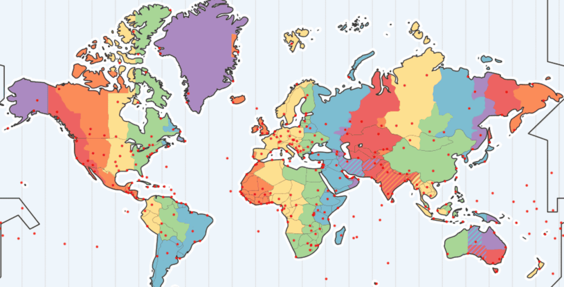 En este mapa interactivo podrás encontrar la hora exacta en ciudades de Estados Unidos y otros países. Puedes recorrer el mapa con el cursor o poner el nombre del lugar cuya hora buscas. PARA ENTRAR CLIC EN LA IMAGEN