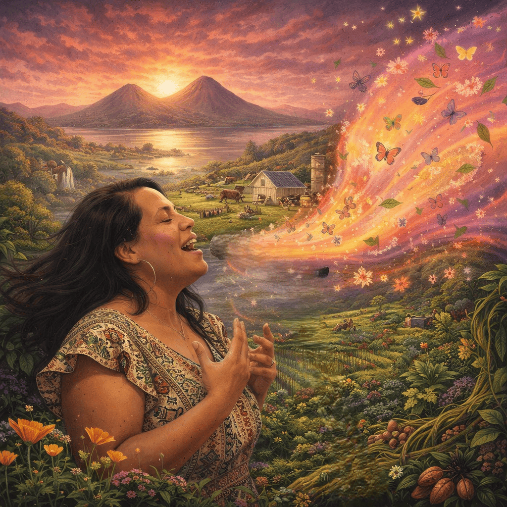 "Las culturas indígenas me inspiran más que nada en mi trabajo. Durante siglos han guiado a sus comunidades con reverencia por la semilla, el alimento, la tierra y la unidad de su pueblo para vivir y vivir con lo suficiente para todos. En cuanto a líderes del movimiento, hay dos en particular: el trabajo de Dolores Huerta por la dignidad de los trabajadores agrícolas y sus condiciones laborales me conmovió profundamente cuando estaba creciendo. Y la Dra. Vandana Shiva, cuyo trabajo contra la corrupción en el sector alimentario y en defensa de las semillas me mostró nuestro poder y nuestra capacidad de elegir cómo participamos en los sistemas que tenemos": Karen Daniela Rodríguez, directiva de Kiss the Ground. Ilustración elaborada con IA a partir de una foto de una conferencia de Karen Rodríguez.