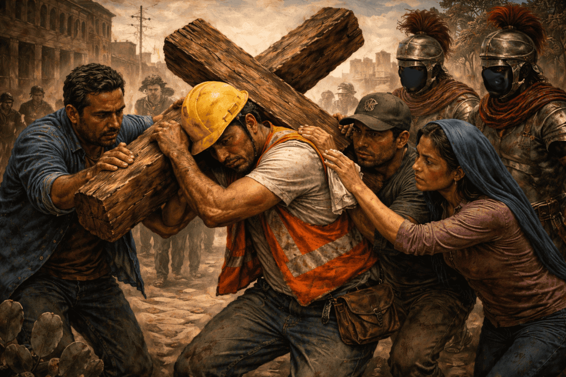 Simón el Cirineo ayudó a Jesús a cargar su cruz: una imagen e inspiración perfecta que invita a apoyar al forastero y al migrante que va en busca de oportunidades. (Ilustración IA elaborada con base en el concepto del Vía Crucis del Migrante)