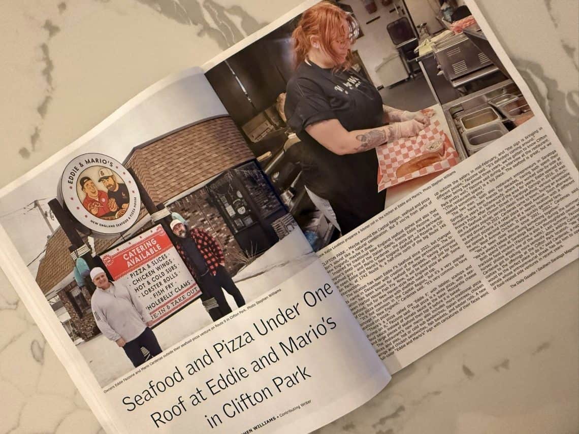 Publicacion de una revista local acerca de la alianza del guatemalteco Súper Mario Cárdenas con el empresario Eddie Fazzone, restaurantero de mariscos, en un restaurante que también ofrecerá pizza y se llama Eddie y Mario, en Clifton Park