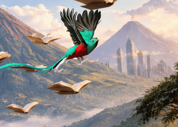 Colorful turquoise and red bird soars through a fantasy sky, with open books drifting around over mountains and a distant cityscape.