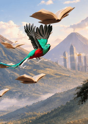 Colorful turquoise and red bird soars through a fantasy sky, with open books drifting around over mountains and a distant cityscape.