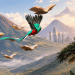 Colorful turquoise and red bird soars through a fantasy sky, with open books drifting around over mountains and a distant cityscape.