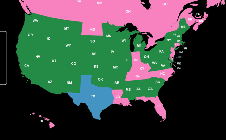 En todos los estados marcados con rosado, el Viernes SAnto es un día de asueto oficial, aunque siguen trabajando muchas empresas, las dependencias estatales cierran. En los verdes no es feriado y en Texas, en celeste, es opcional.