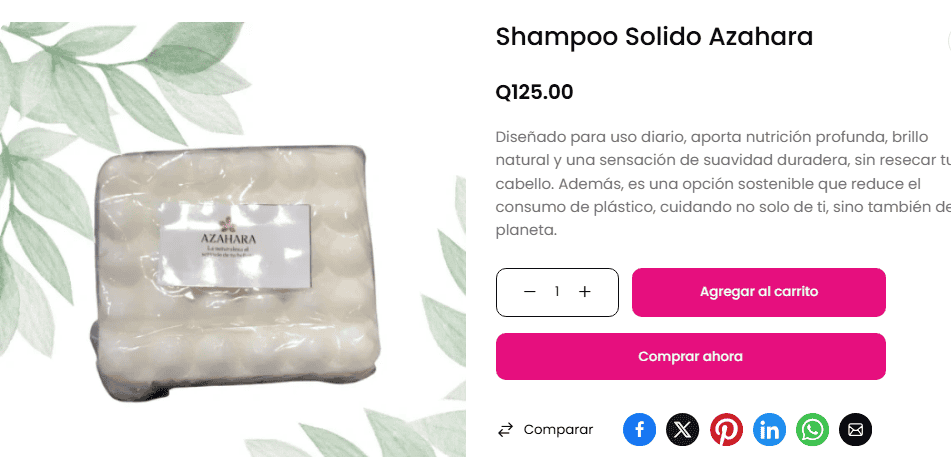 Product page: Solid shampoo Azahara with price Q125.00 and action buttons to add to cart or buy now, on a right-side panel.