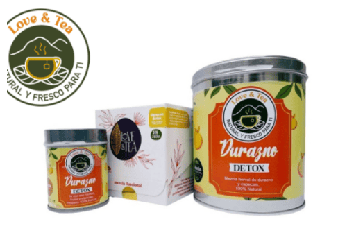 Love & Tea detox peach products: a small jar, a larger tin, and a white box with orange label and logo displayed together.